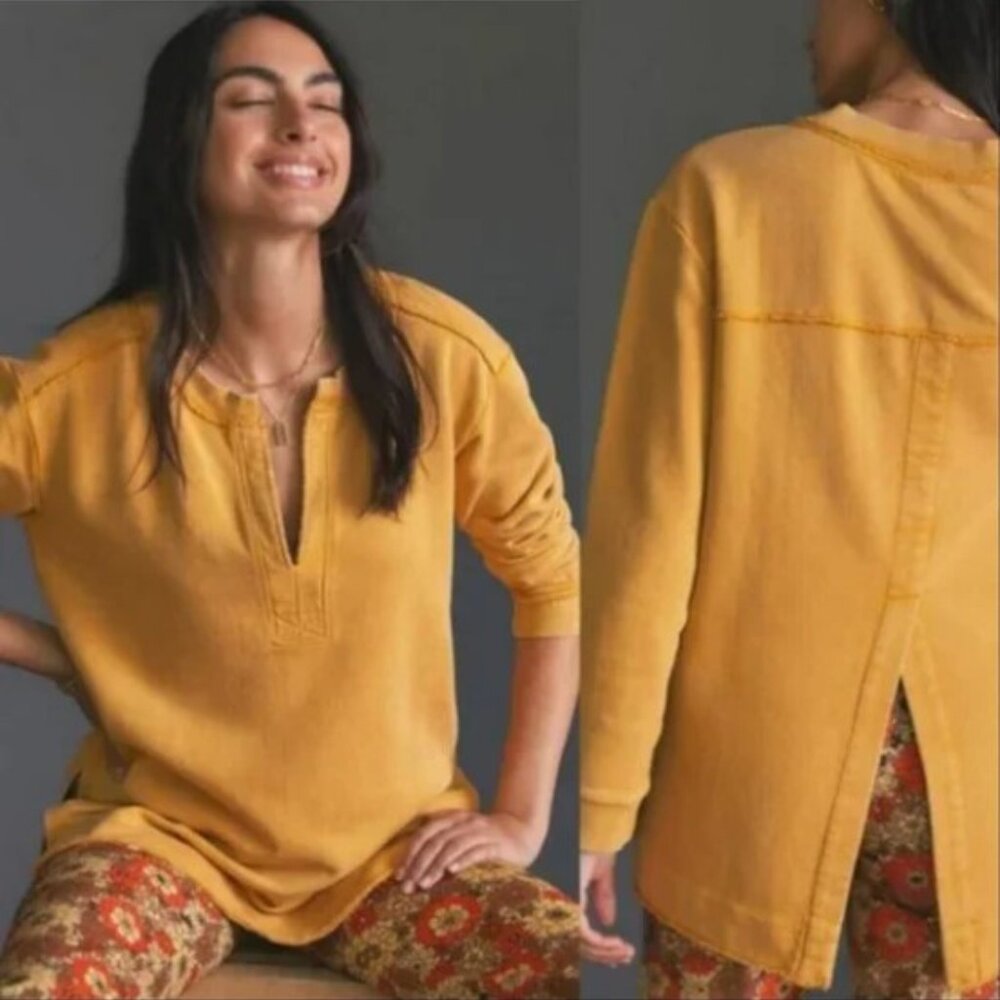 🆕 Anthropologie Pilcro Gold Split-Hem Tunic Top Shirt Sweatshirt- XXS ✨🌿
